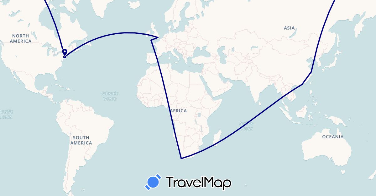 TravelMap itinerary: driving in China, United Kingdom, Hong Kong, United States, South Africa (Africa, Asia, Europe, North America)